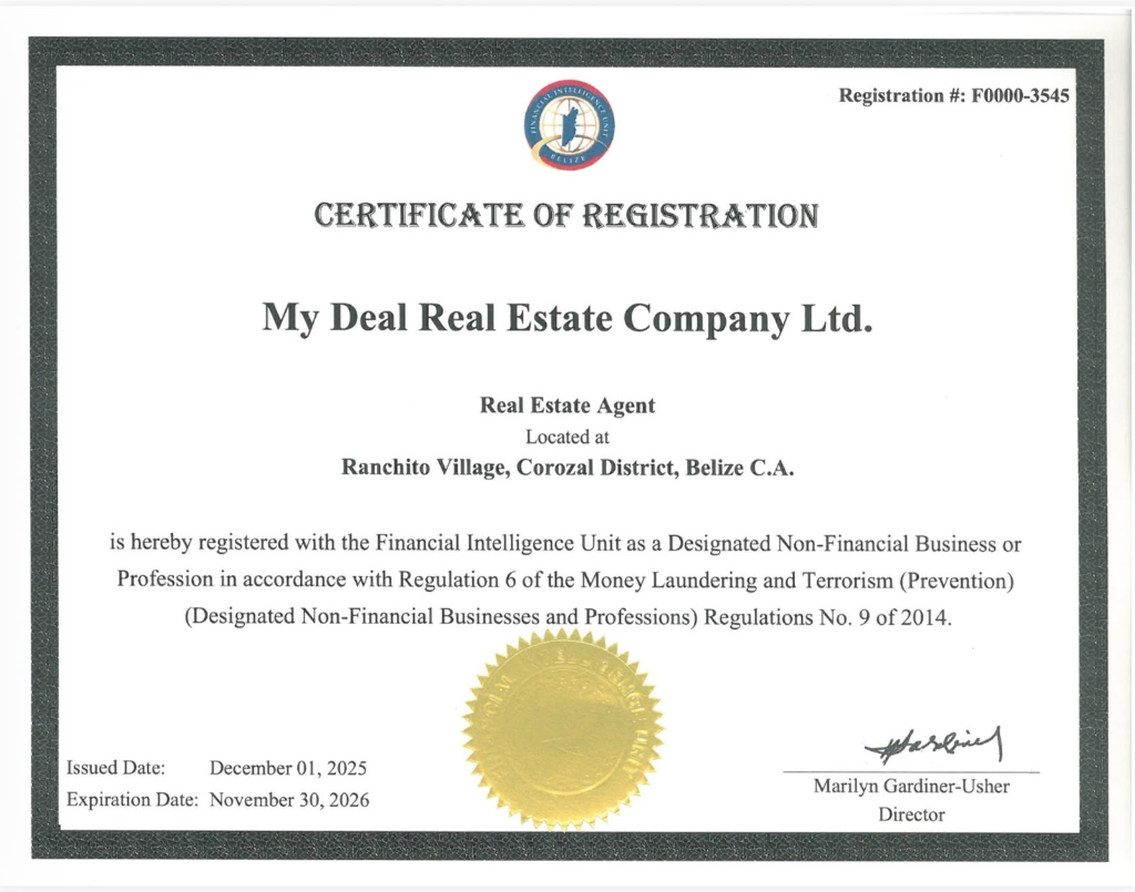 FIU Certificate of Registration - My Deal Real Estate Company Ltd